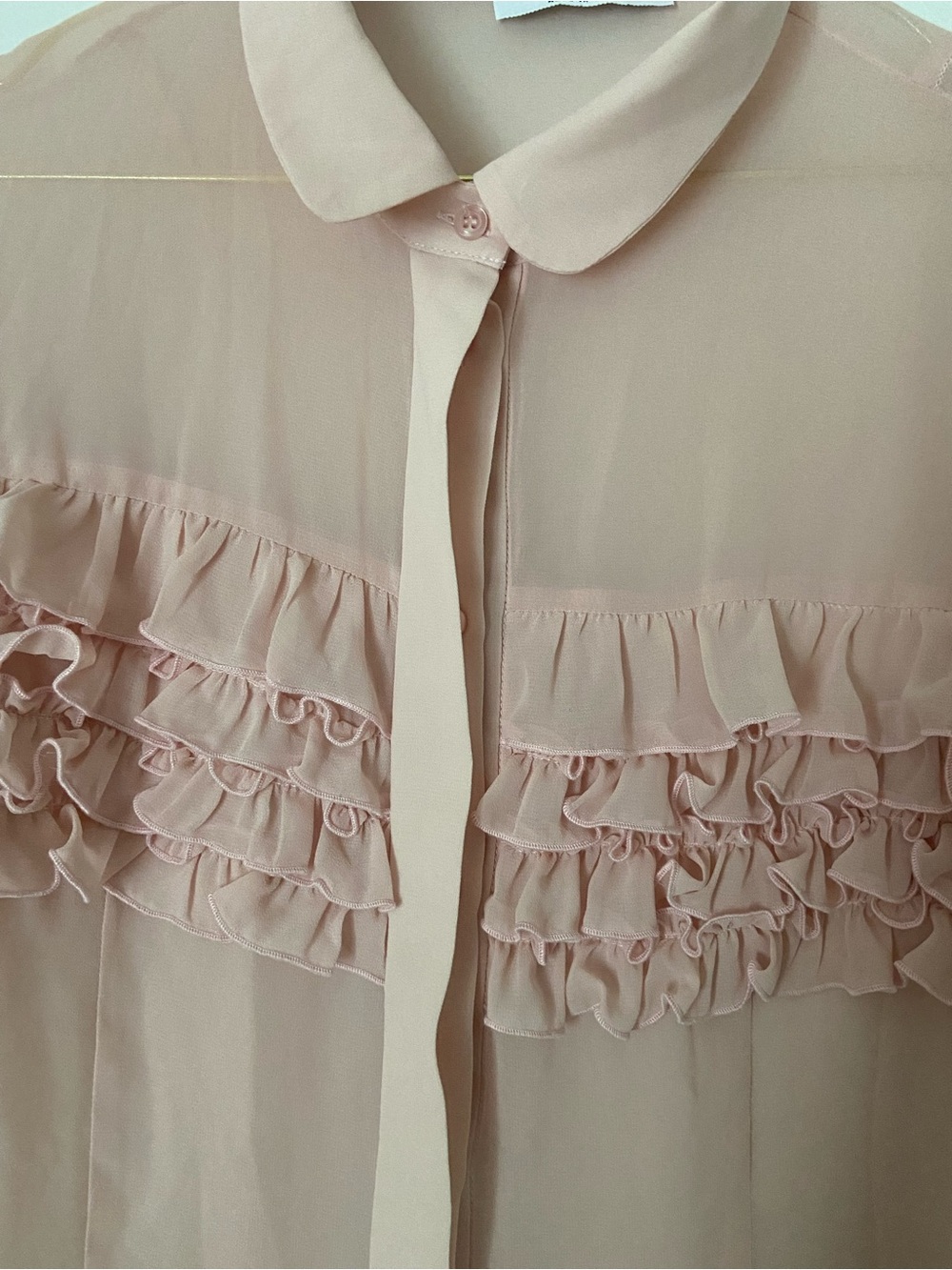 Sheer Pink Ruffle Button-Down Blouse - Picture 3 of 5